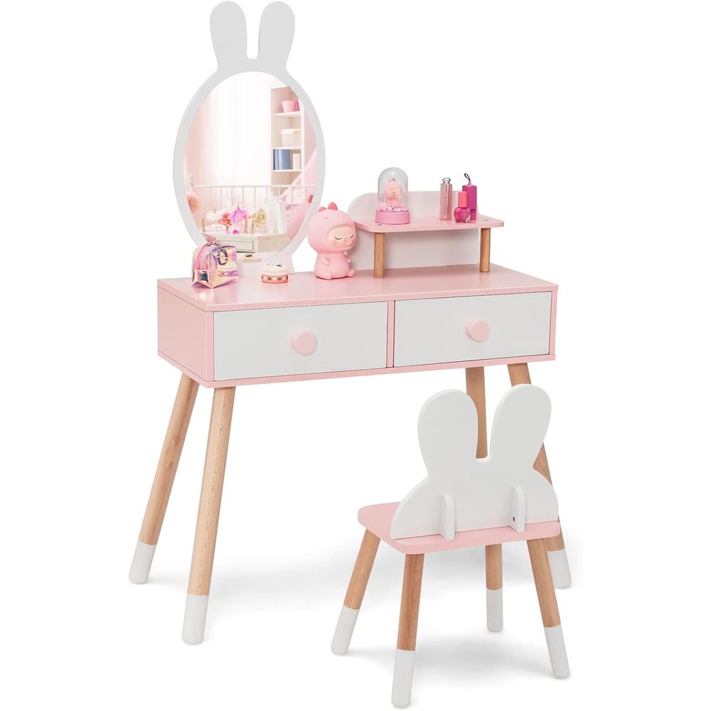 Beauty Makeup Vanity Set - EY Kinder-Schminktisch, Hasen-Motiv, Kleinkind-Holz-Schminktisch und Stuhl-Set